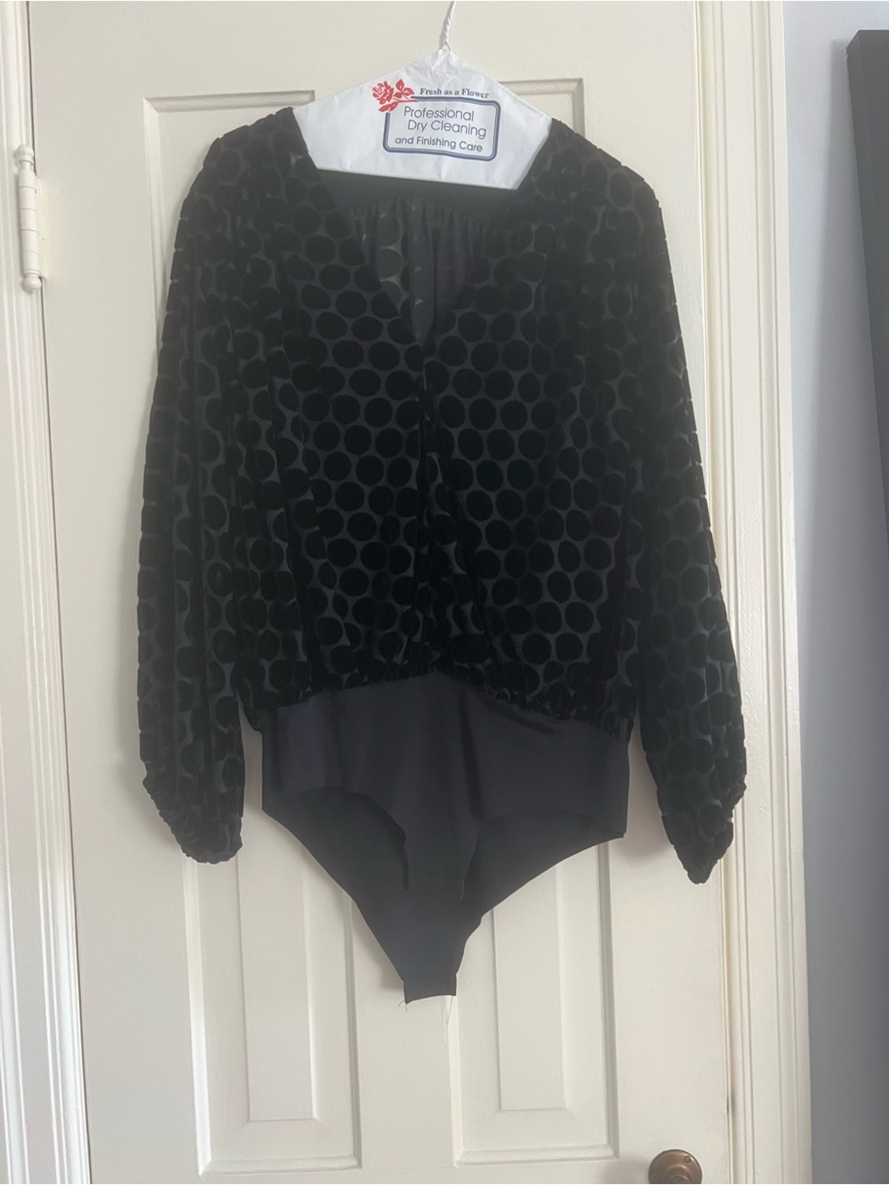 Zara Black Velvet Polka-Dot Long-Sleeve Bodysuit